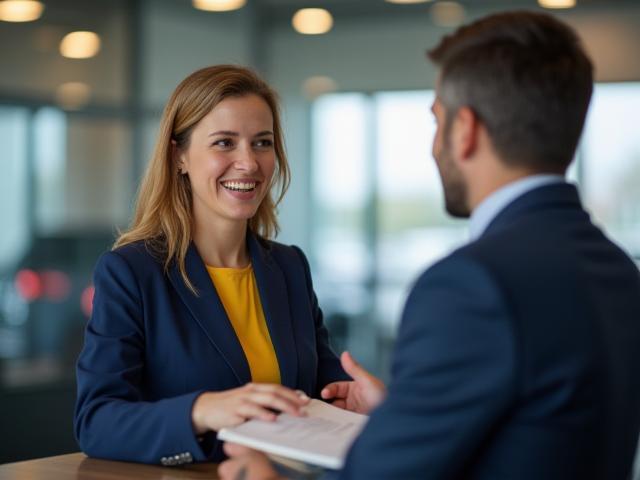 Smiling customer discussing financing options with dealership representative