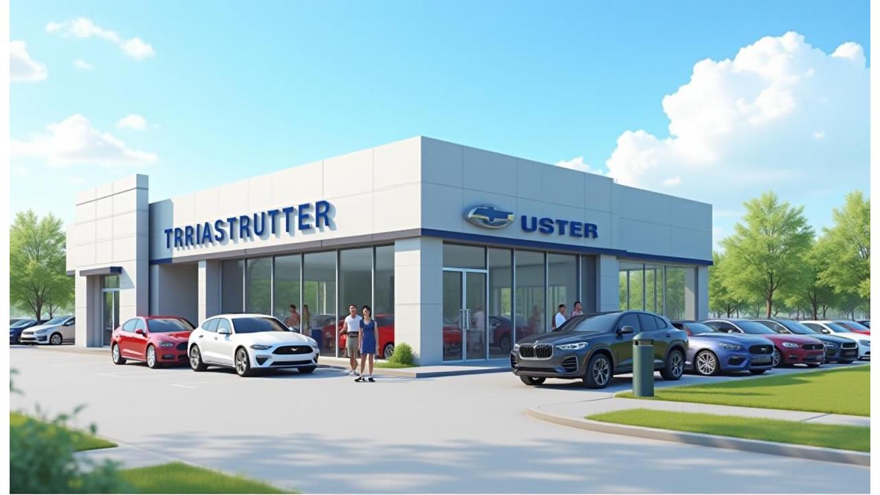 Exterior view of Diamond Cut Autos dealership in Fort Myers with happy customers in foreground